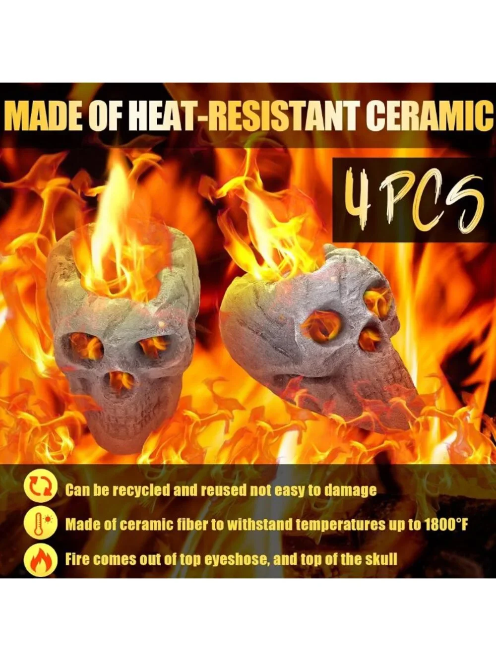 4 Pack Skull Fire Pit Decor - 8.7 Inch Halloween Decorations, Gray Outdoor